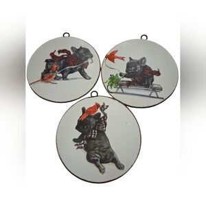 Set Of 3  Large Hand Painted French Bulldog And Cardinal Ornaments